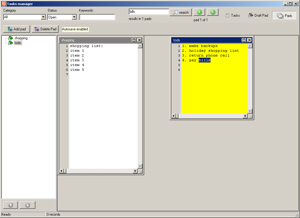 Multiple pads (notes, todo items)